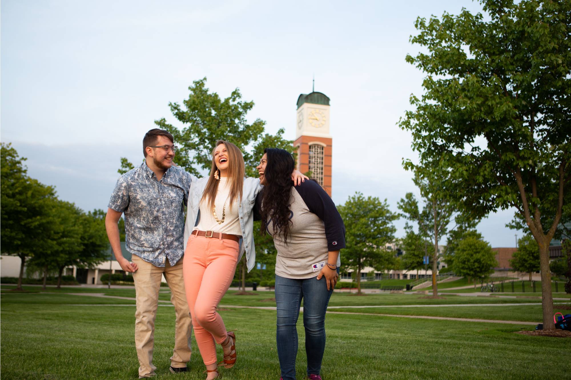 Three students near the cook-carillon tower.
